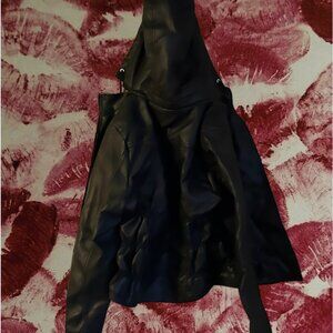black leather jacket with soft, white, furry inside, unzippable hood, size small